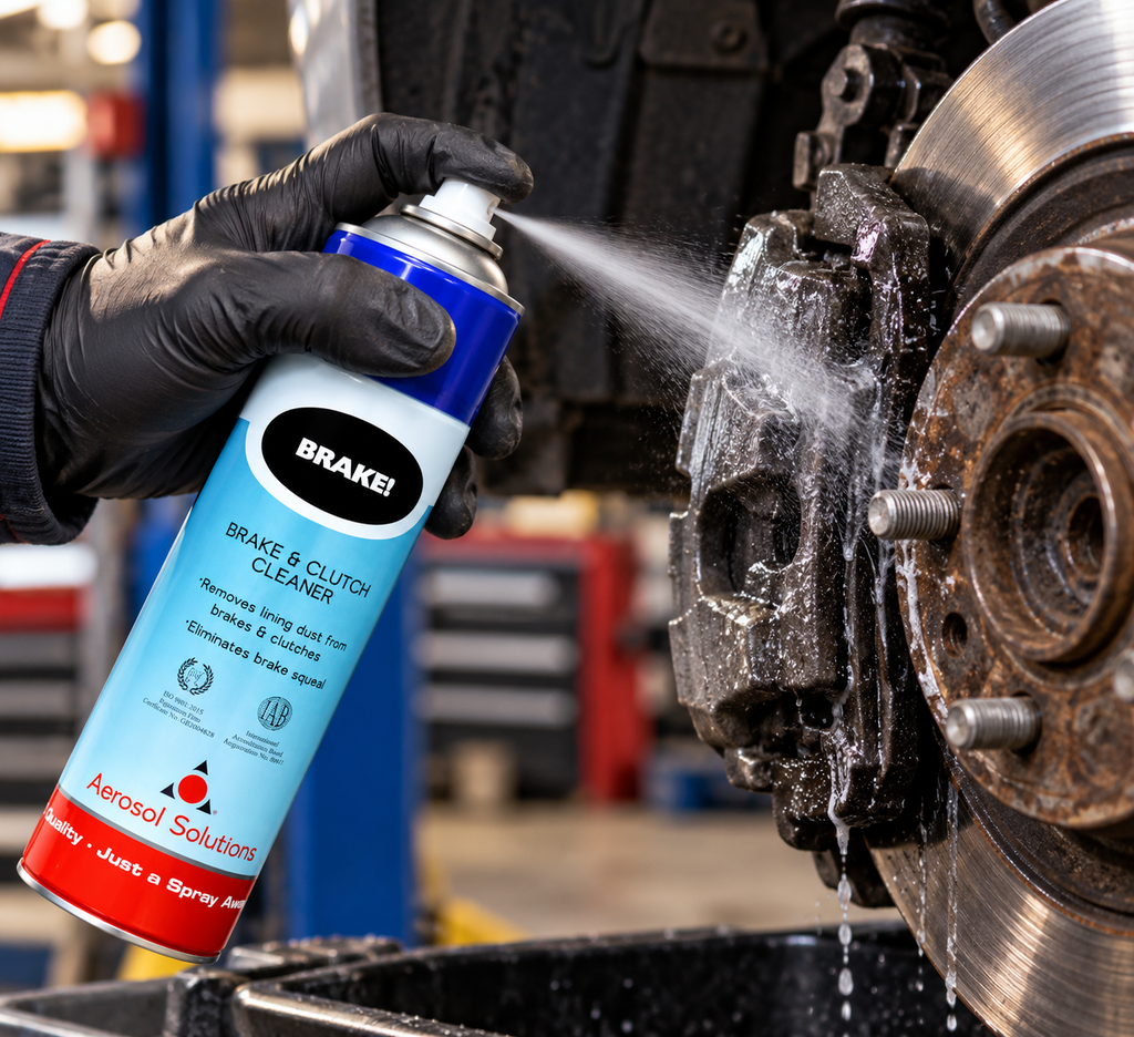 Aerosol Solutions Brake & Clutch Cleaner 500ml being sprayed onto a vehicle brake assembly