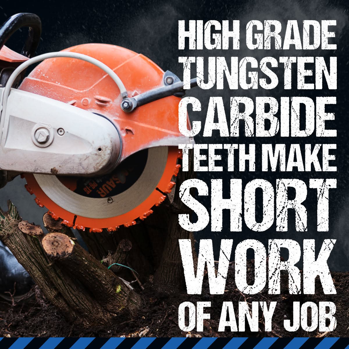 Terrasaur tungsten carbide blade cutting through tree roots and logs