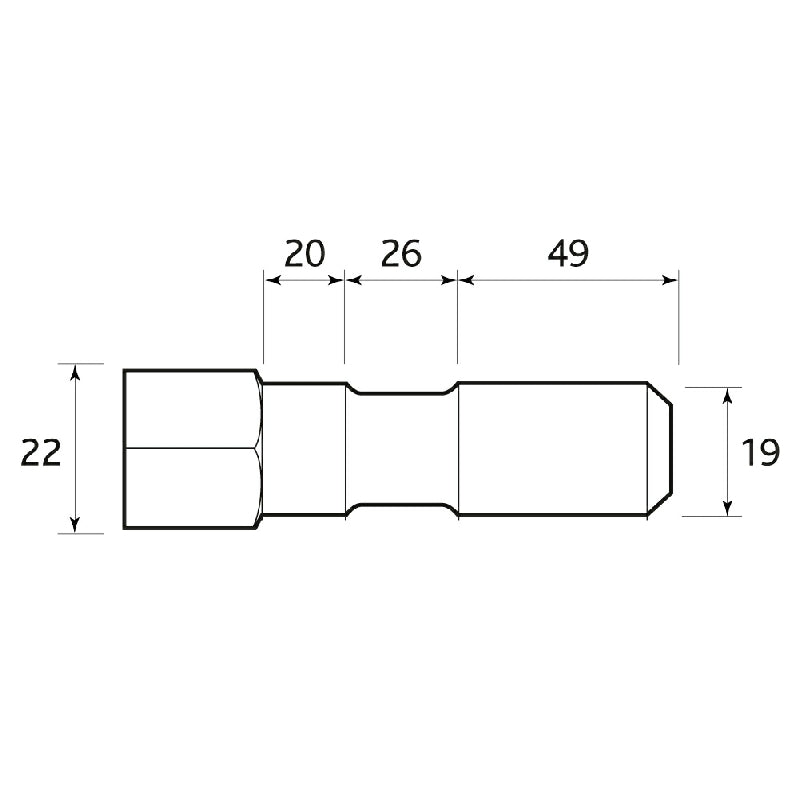 Chicago Pneumatic CP9 picking hammer chisel technical drawing showing 22mm body, 19mm tip, 26mm waist and 20mm collar