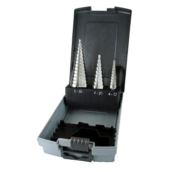 Castlebrook HSS step drill bit 3 piece set – 4-12mm, 4-20mm, 4-30mm M2 high speed steel in carry case