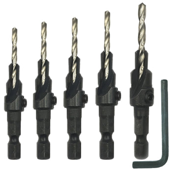 5-Piece Quick-Change Countersink Drill Bit Set with hex key