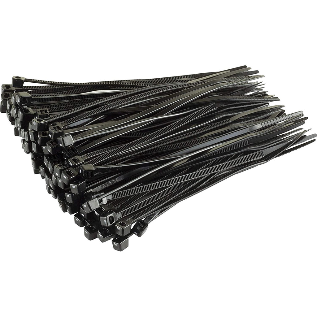 Bundle of black self-locking cable ties on a white background