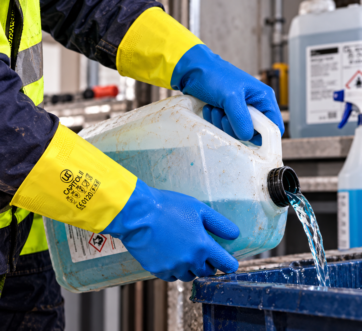 Worker wearing blue and yellow Capitol II latex gauntlets while pouring liquid from a container into a drum