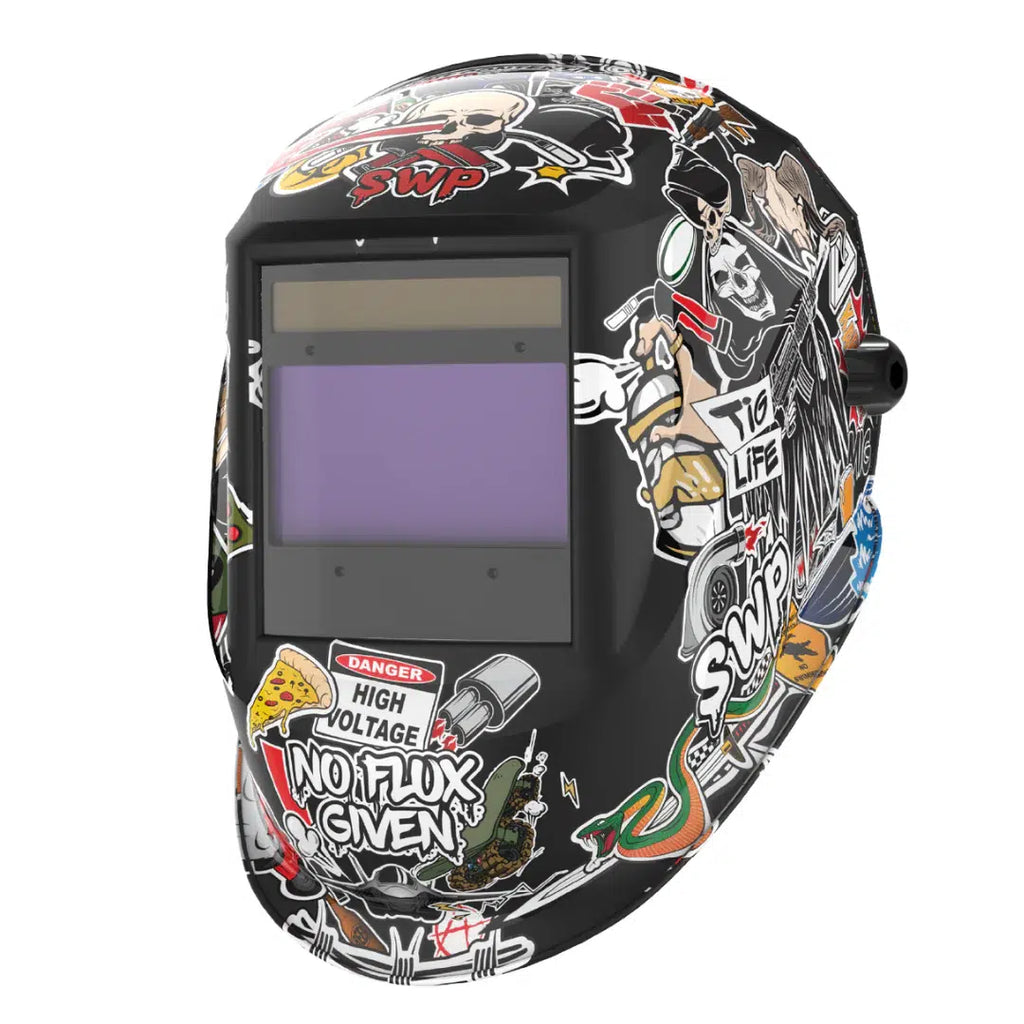 SWP Chaos Variable Shade 9/13 Welding & Grinding Helmet - front view showing sticker bomb graphic design