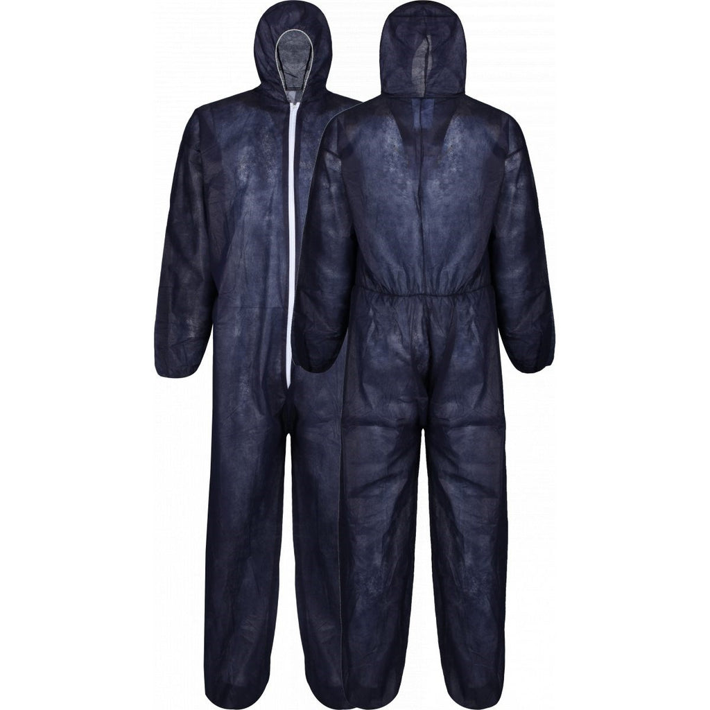 DBS650+ Navy Blue disposable polypropylene coverall - front and back view