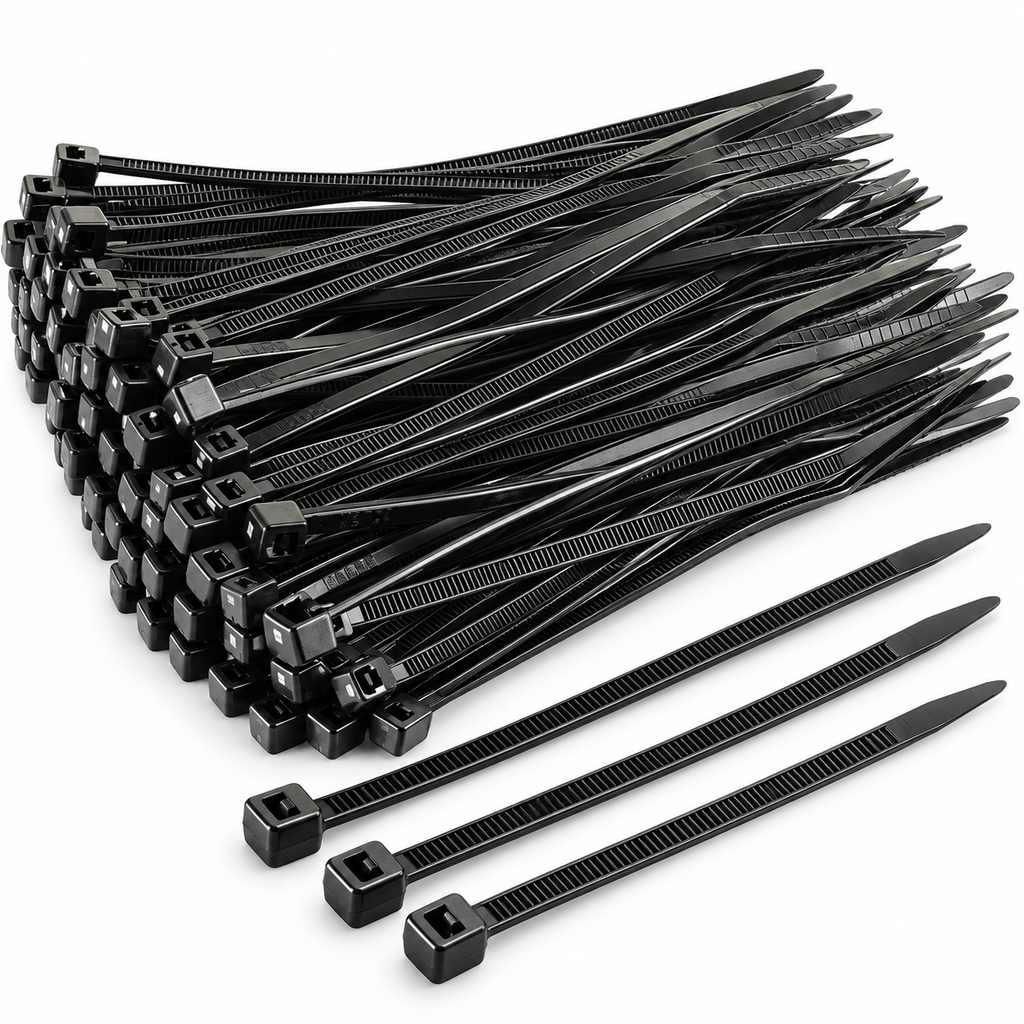 Black cable ties promotional graphic showing nine sizes and pack-of-100 prices