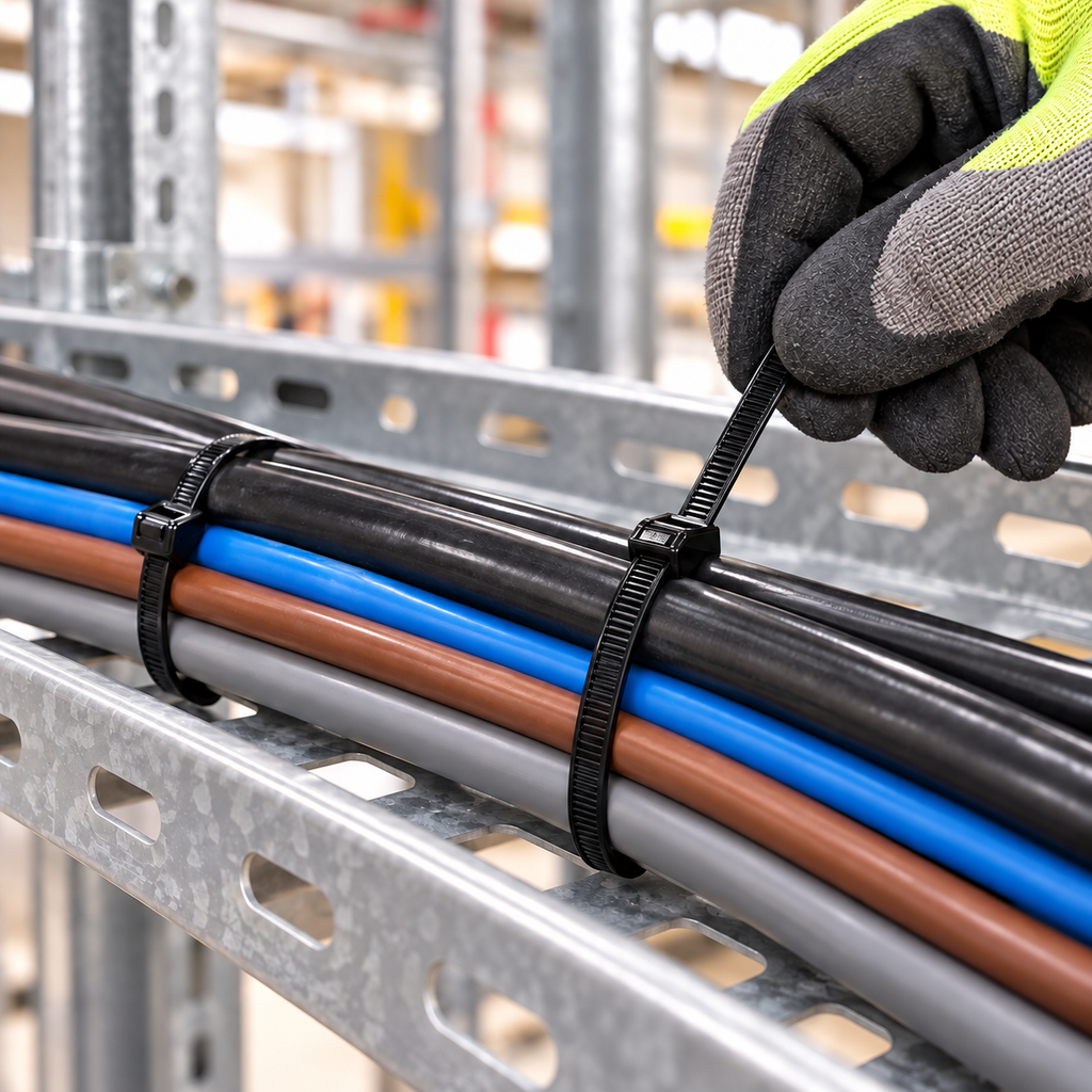 Black cable ties fastening green mesh netting to a horizontal scaffold tube