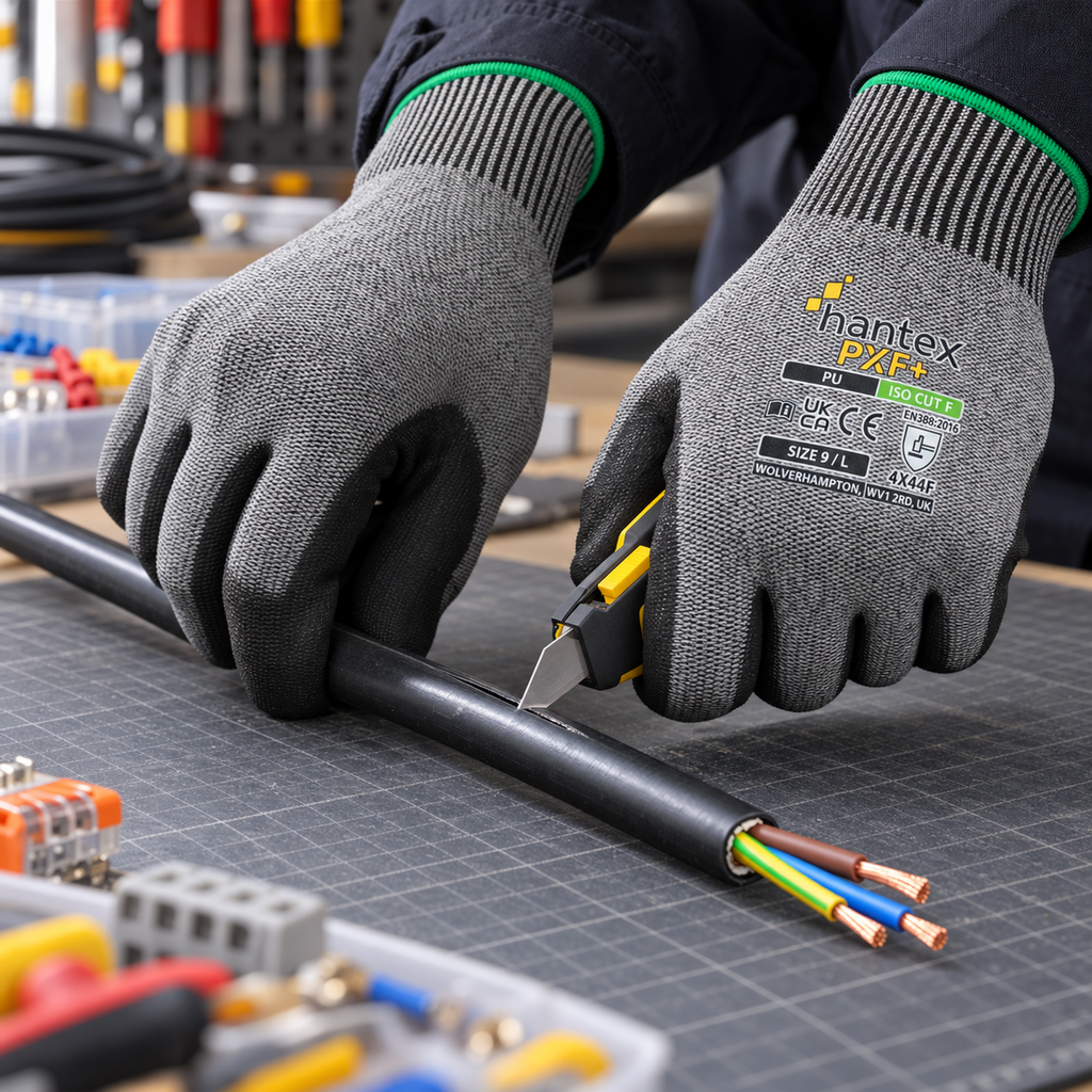Trimming a disconnected cable’s outer sheath, wearing protective 4X44F and ISO CUT F Gloves