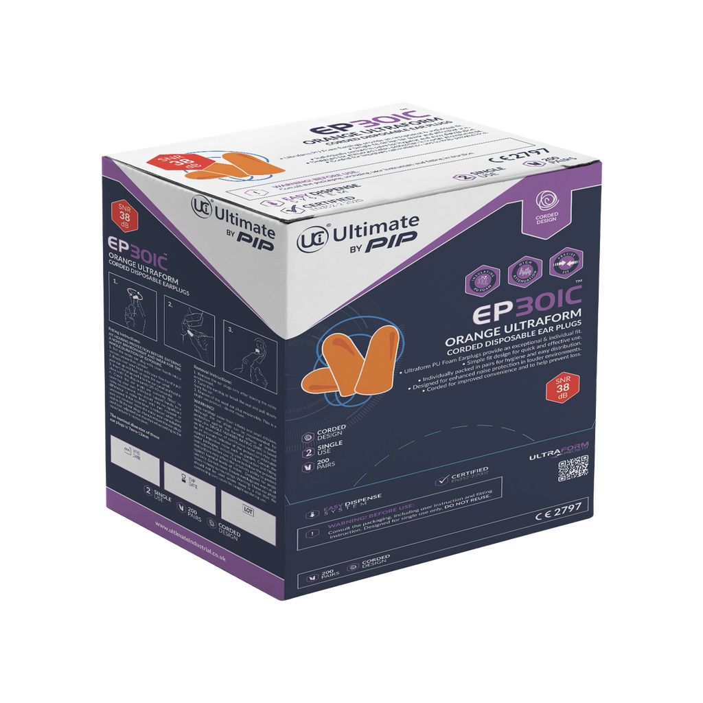 EP301C Ultraform orange corded disposable earplugs dispenser box of 200 pairs by Ultimate by PIP, SNR 38