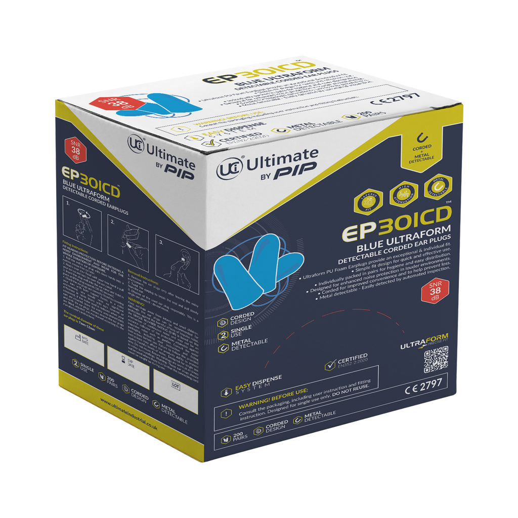 EP301CD Ultraform detectable corded earplugs dispenser box of 200 pairs by Ultimate by PIP, SNR 38