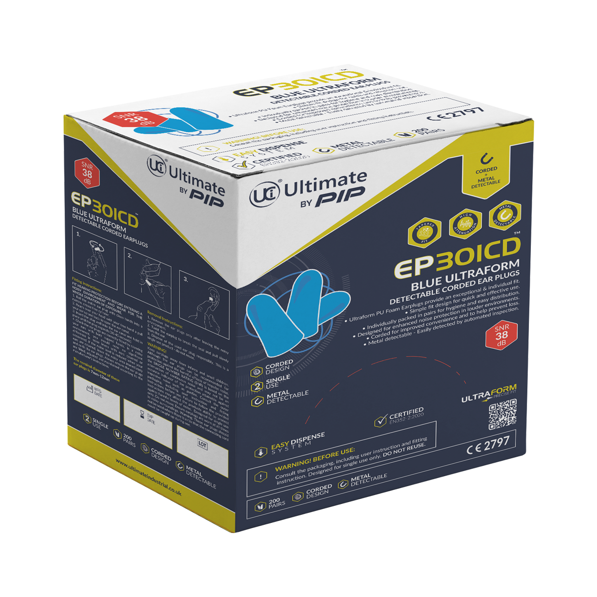 EP301CD Ultraform detectable corded earplugs dispenser box of 200 pairs by Ultimate by PIP, SNR 38