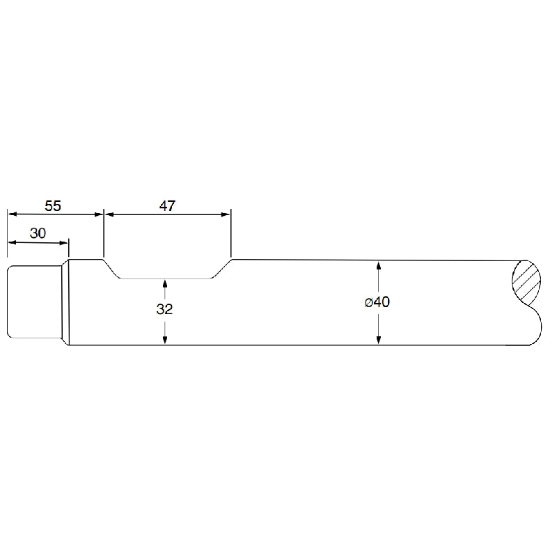 Soosan SB10 demolition tool chisel shank profile drawing showing 40mm diameter and retainer pin groove dimensions