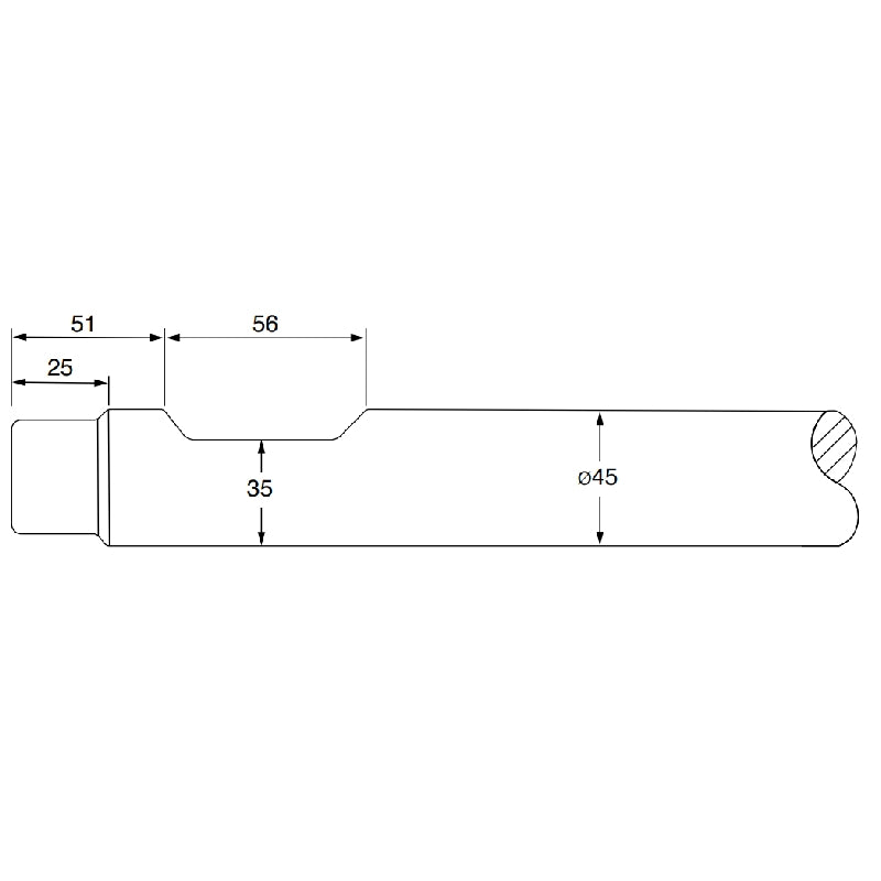 Soosan SB20 demolition tool chisel shank profile drawing showing 45mm diameter with retainer pin groove dimensions