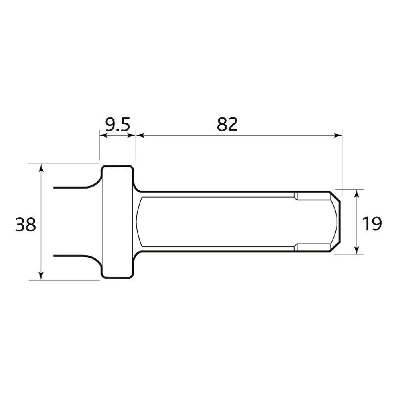 FL22 picking hammer chisel technical drawing showing 38mm collar, 9.5mm collar thickness, 82mm body and 19mm tip diameter