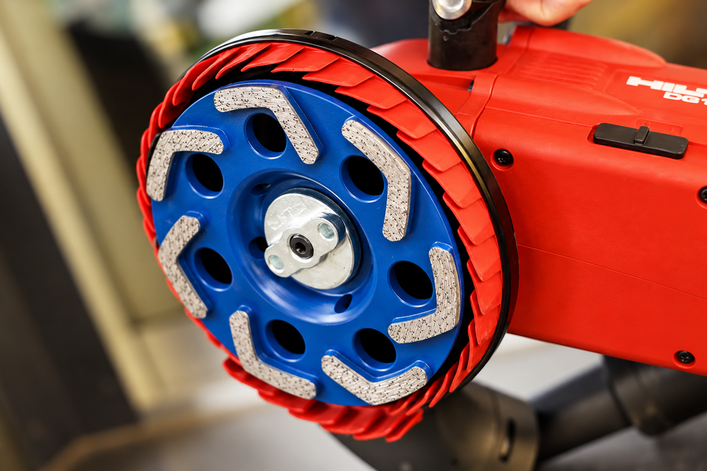 Blue Premier Diamond cup grinder fitted to a Hilti DG150 concrete grinder, showing the grinding segments