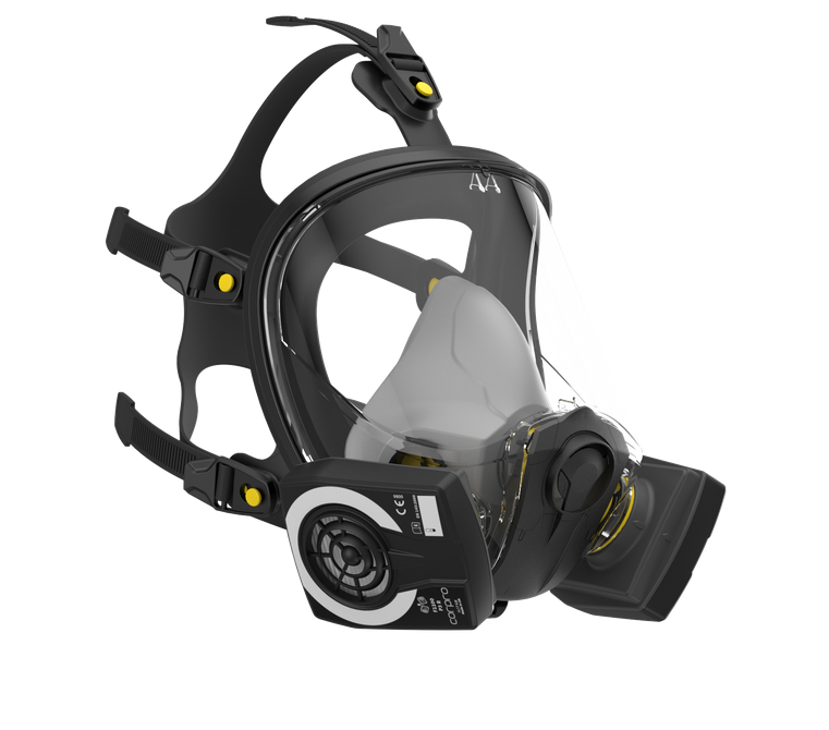 Corpro FFM1600 full face mask respirator side angle view showing five-point harness EN136