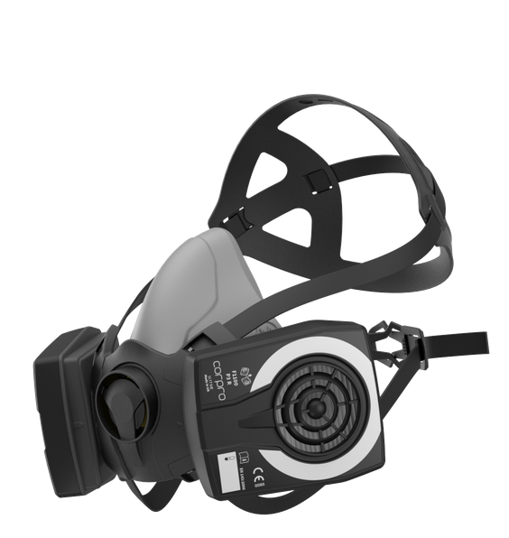 Corpro HM1400 half mask respirator body only side view with twin filters EN140