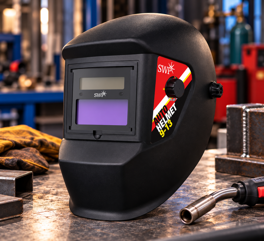 SWP 3037 black auto-darkening welding helmet on a workshop bench, showing viewing window and side shade controls