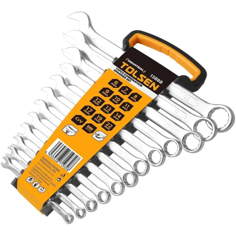 Tolsen 12 piece combination spanner set in hanger, sizes 6 to 22 mm