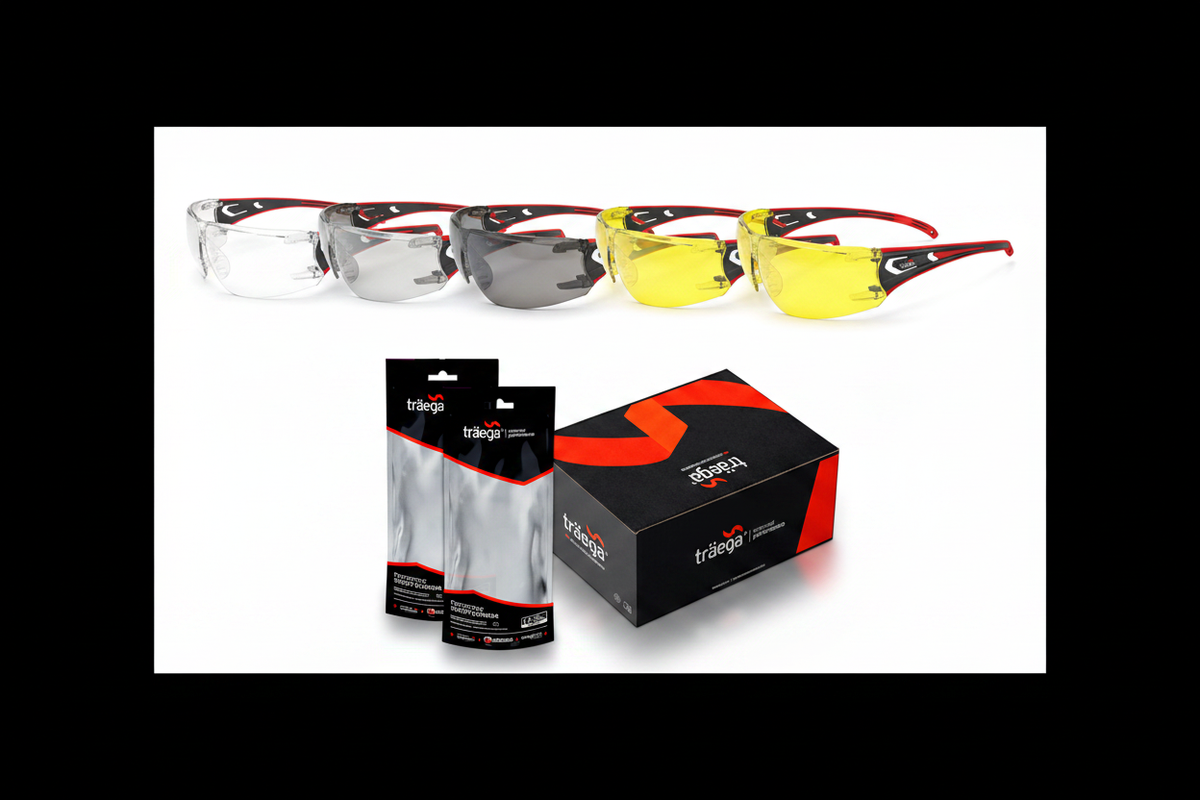 HANO safety specs by Träega - all lens colour variants: clear, smoked, yellow and amber with retail box and individual polybag packaging
