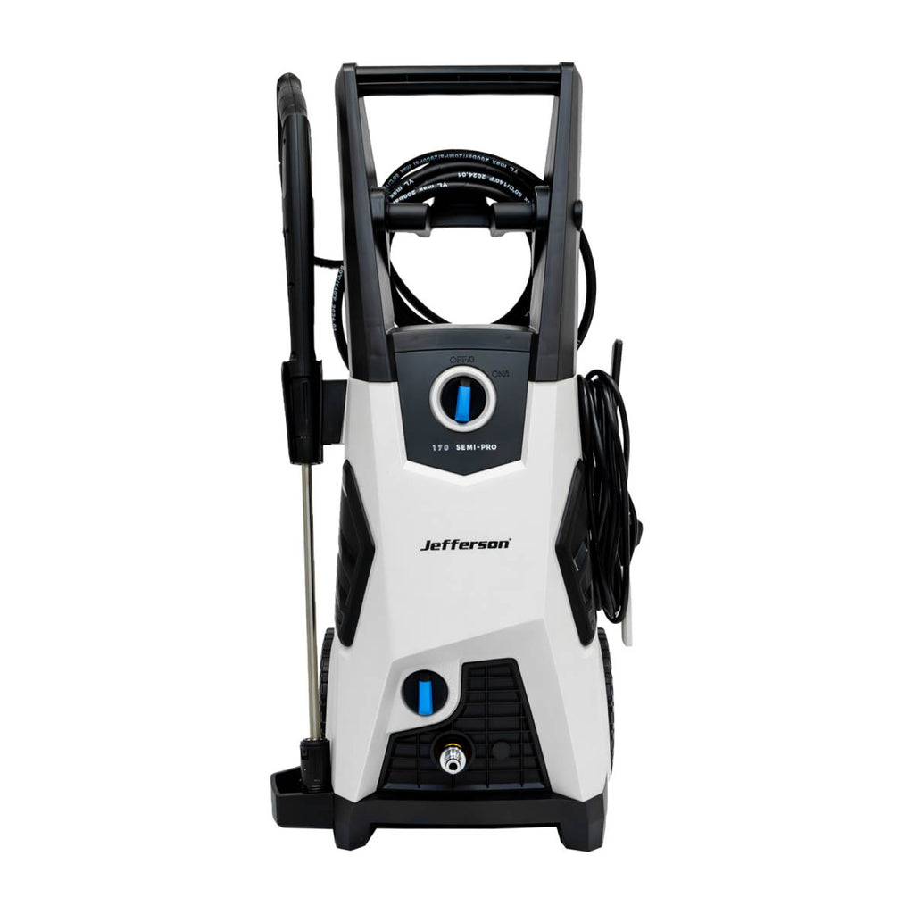 Jefferson 170 Bar Industrial Electric Pressure Washer - front view with hose and accessories