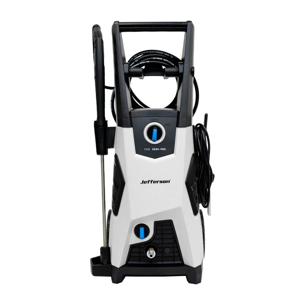 Jefferson 170 Bar Industrial Electric Pressure Washer - front view with hose and accessories