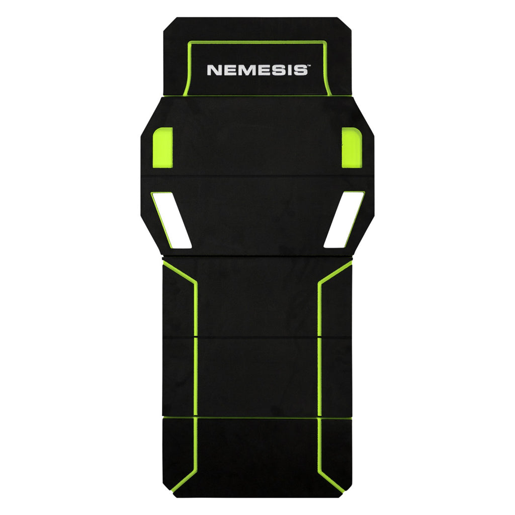 Nemesis folding kneeling mat unfolded flat showing black EVA foam surface with lime green trim and carry handles