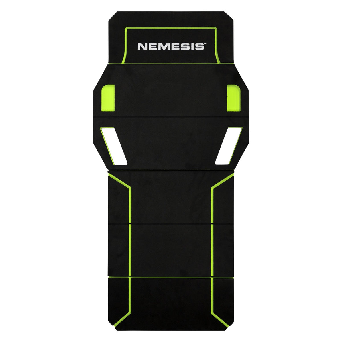 Nemesis folding kneeling mat unfolded flat showing black EVA foam surface with lime green trim and carry handles