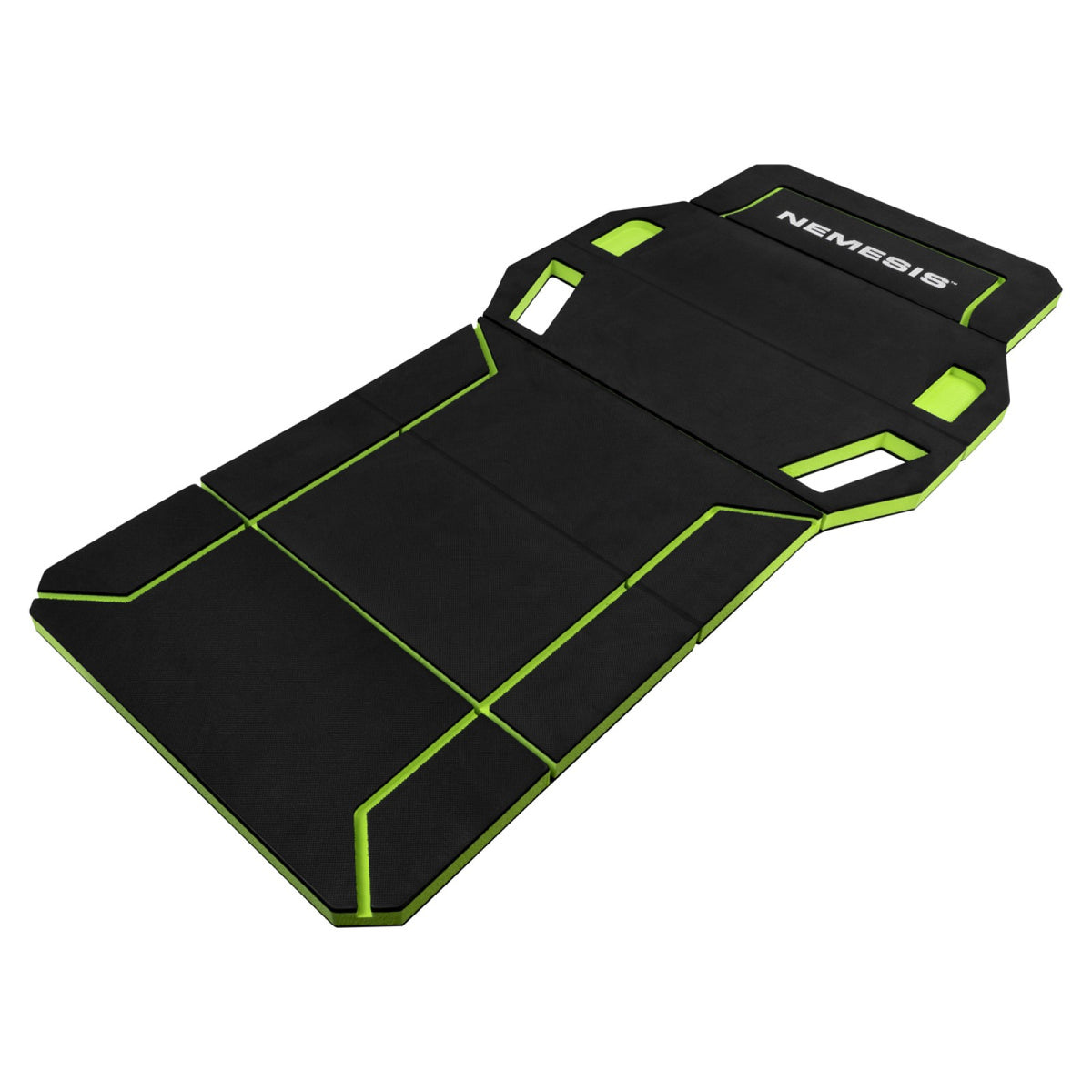 Close-up of Nemesis folding kneeling mat showing lime green inlay tray for storing screws, nuts and bolts