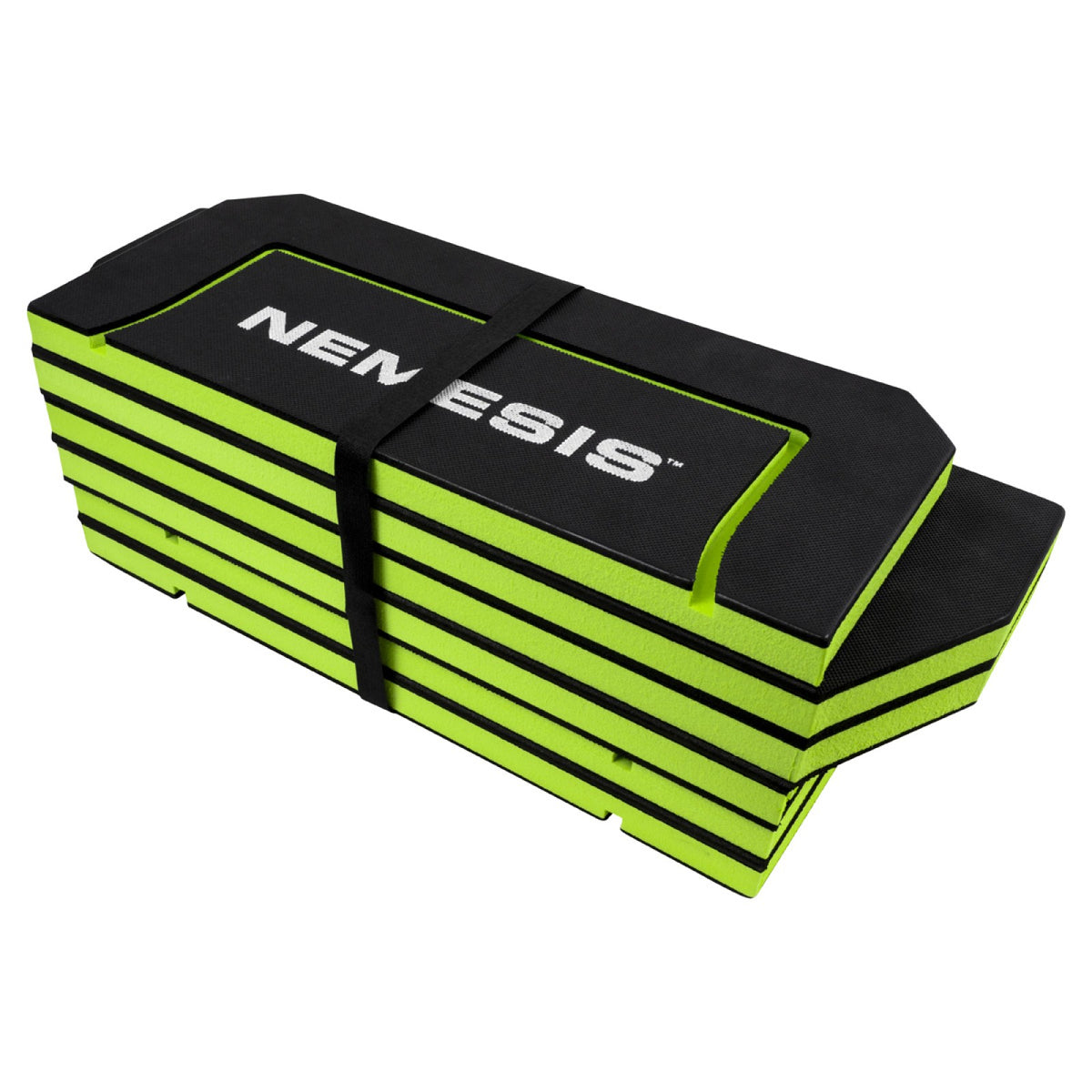 Nemesis folding kneeling mat folded into compact storage position showing lime green and black striped profile