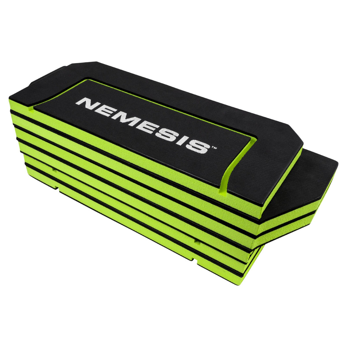 Nemesis folding kneeling mat folded with black elastic strap securing it for transport