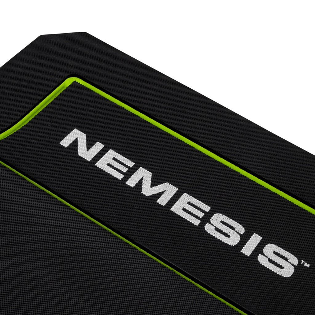 Nemesis folding kneeling mat top-down view showing ergonomic body-shaped cutout design in black with lime green accents