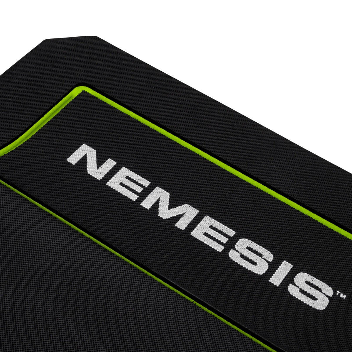 Nemesis folding kneeling mat top-down view showing ergonomic body-shaped cutout design in black with lime green accents