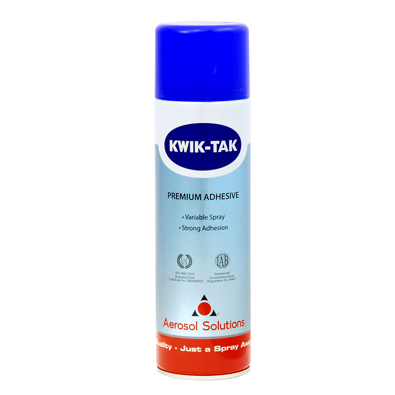 Kwik-Tak Premium Adhesive 500ml aerosol can by Aerosol Solutions — heavy-duty contact adhesive with variable spray for carpets, upholstery and decorative trades