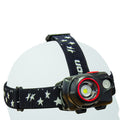 Jefferson 580 Lumens Uni-Powered Cree LED Headlamp worn on head, showing front lens and red accent ring