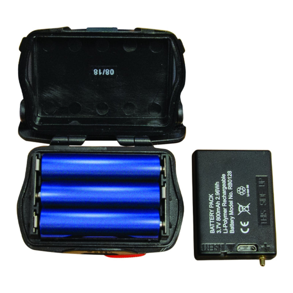 Jefferson headlamp battery pack open showing three Li-Polymer cells, with removable battery pack alongside