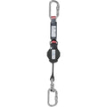 Miller MiniMaxi 1.5m self-retracting lifeline showing retractable webbing unit with integrated shock absorber and two standard steel carabiners