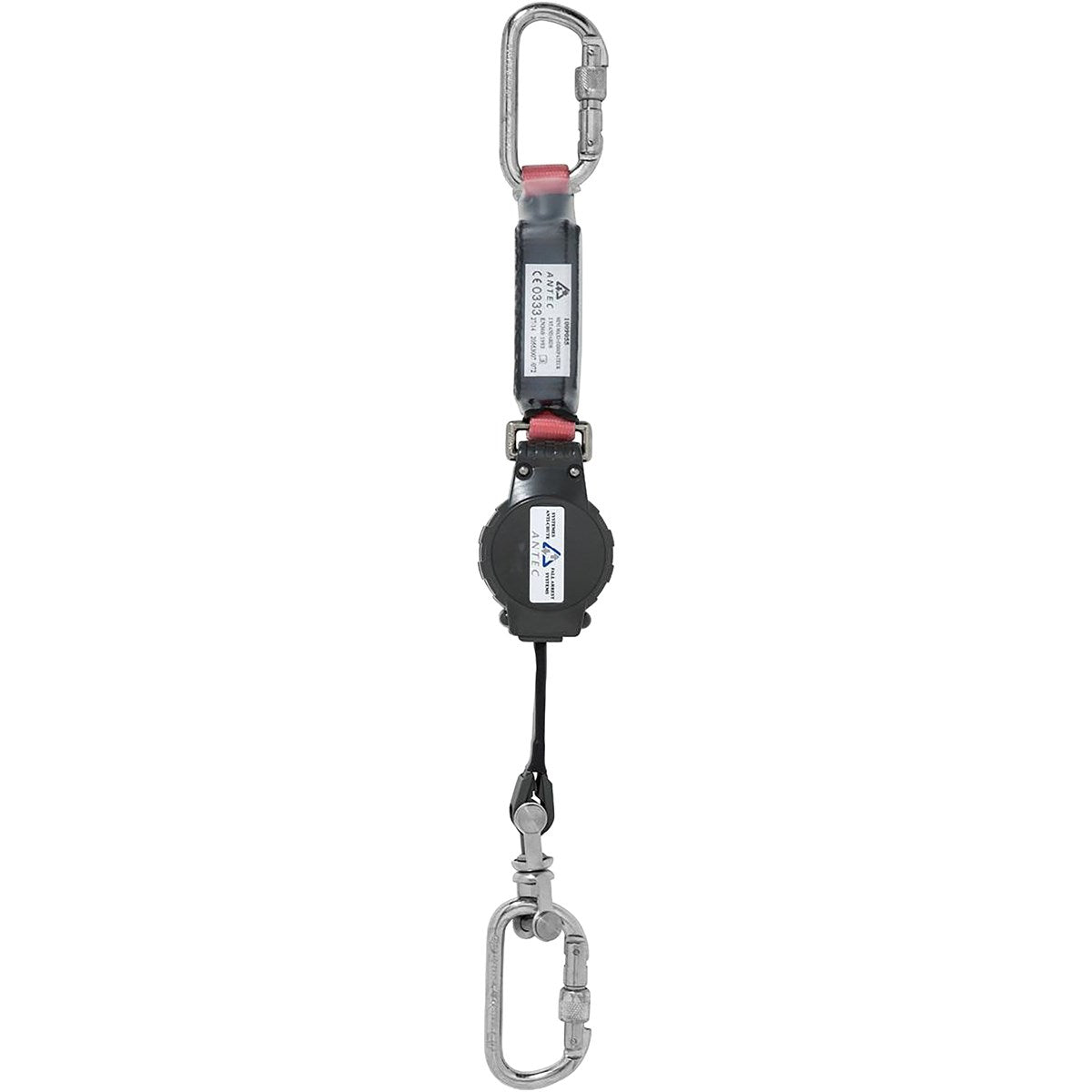 Miller MiniMaxi 1.5m self-retracting lifeline showing retractable webbing unit with integrated shock absorber and two standard steel carabiners