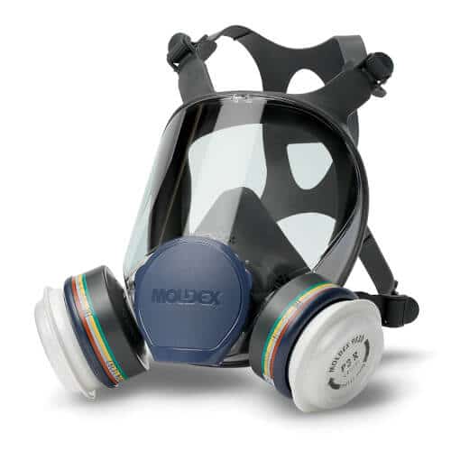 Front view of Moldex full face respirator with panoramic visor and cartridges fitted; filters sold separately