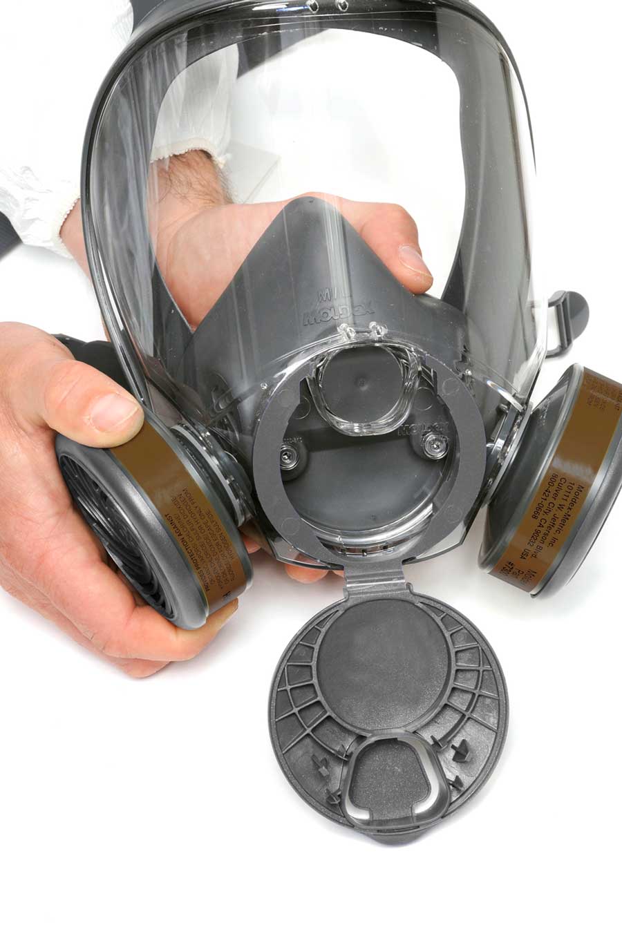 Close-up of Moldex full face respirator with front port open and cartridges fitted; filters sold separately