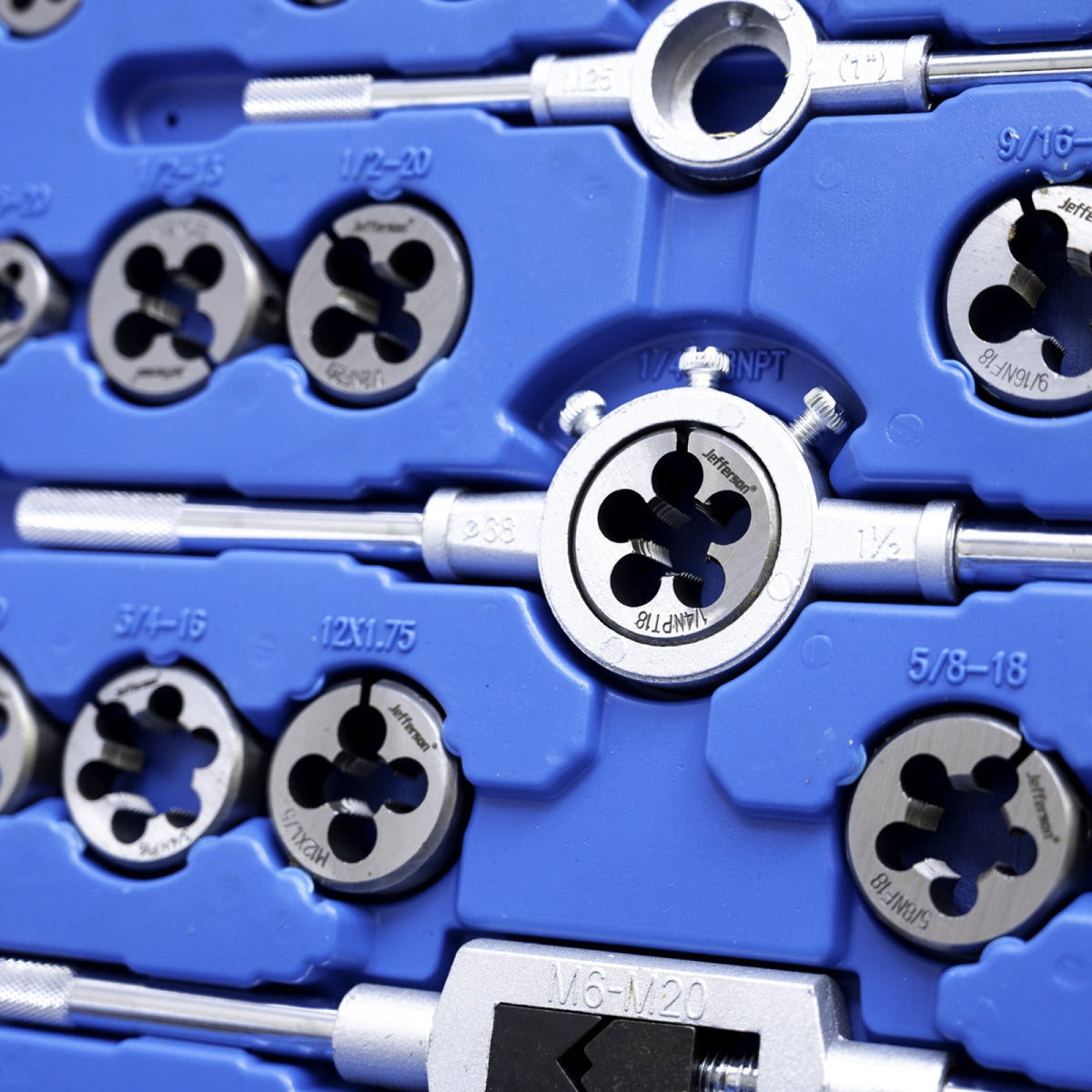 Closed blue Jefferson tap and die carry case with handle and metal catches