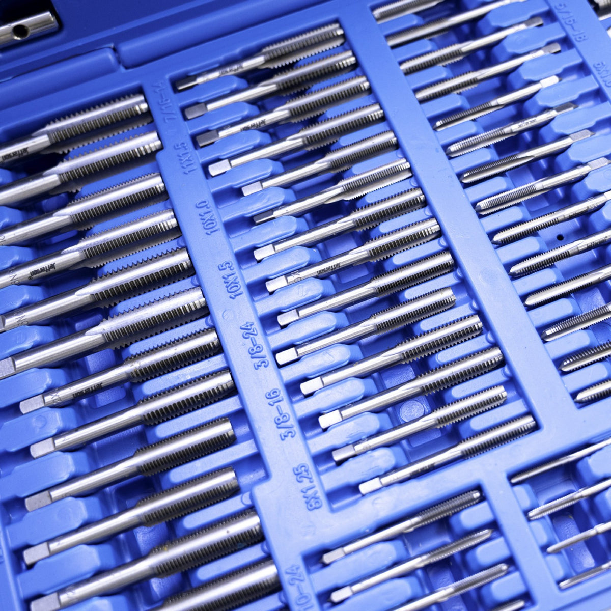 Jefferson taper and plug taps organised by size in a blue carry case
