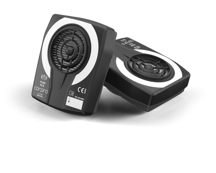 Corpro F1100 P3 R respirator filter pair angled view EN143 Made in UK