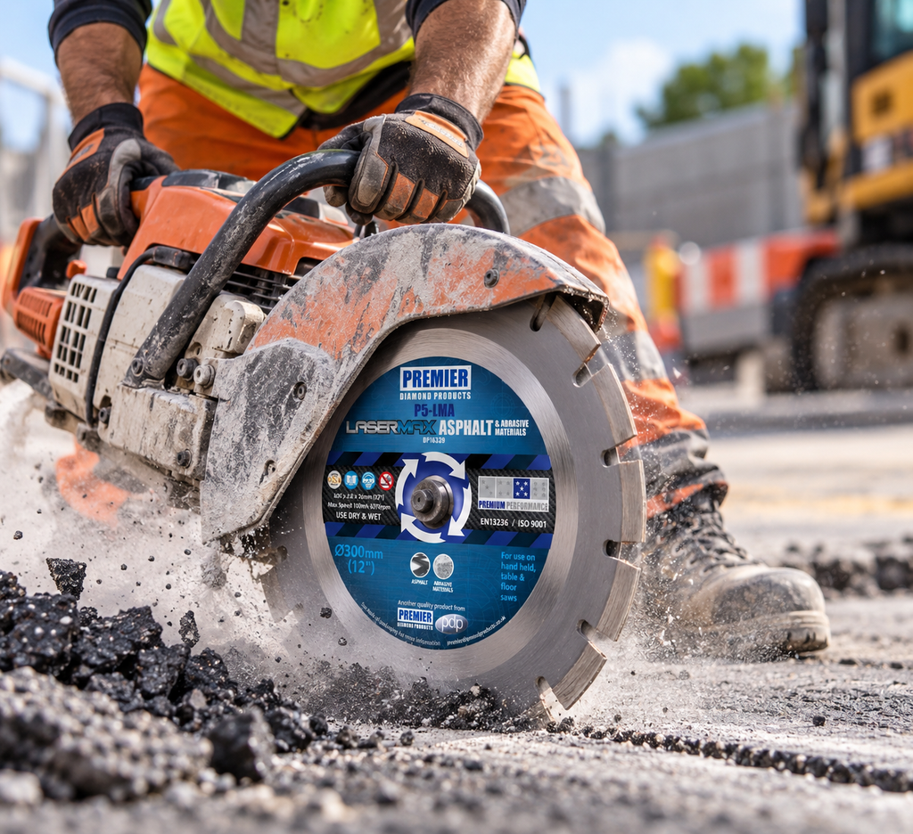 Premier Diamond P5-LMA LaserMax diamond blade on a cut-off saw cutting asphalt, with blade label visible