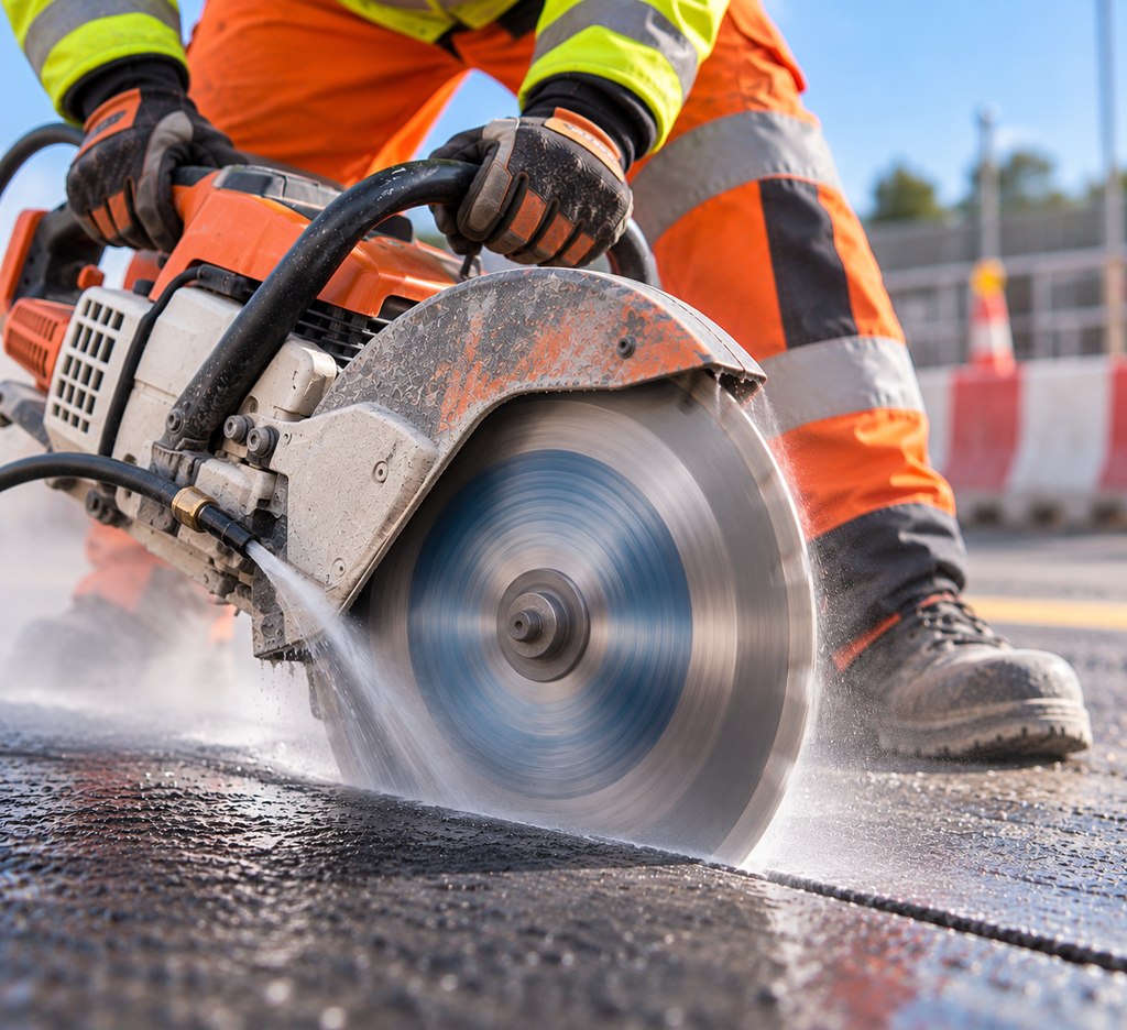 Diamond blade on a cut-off saw wet-cutting asphalt at a roadworks site