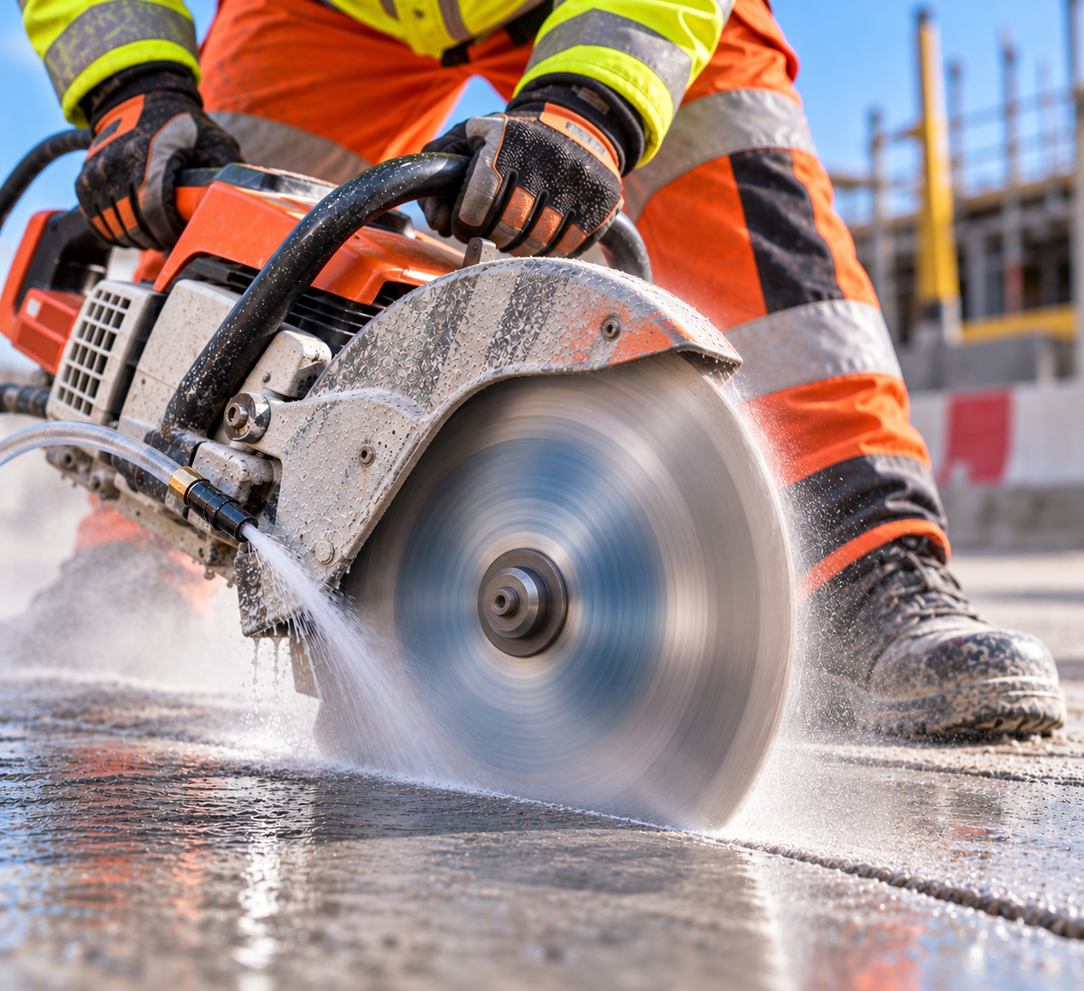 Spinning diamond blade on a cut-off saw wet-cutting concrete at a construction site