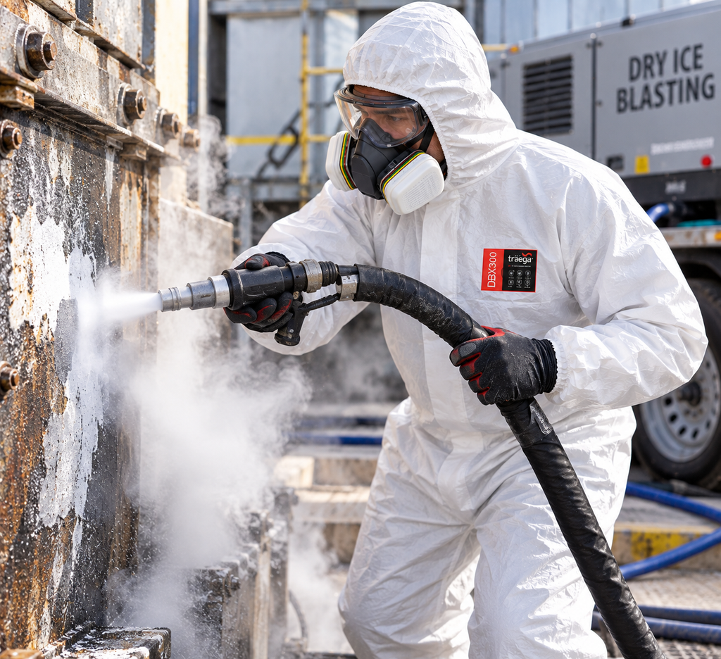 Worker wearing a white DBX300 hooded coverall while dry-ice blasting industrial equipment