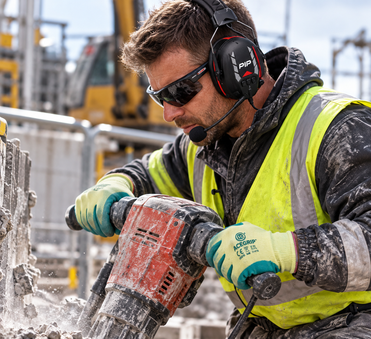Worker wearing PIP Elevate e-ZED Bluetooth earmuffs with boom microphone while using a demolition hammer