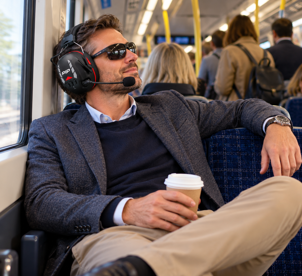 Passenger wearing PIP Elevate e-ZED Bluetooth earmuffs with boom microphone while seated on a train