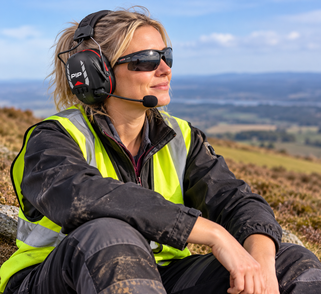 Woman wearing PIP Elevate e-ZED Bluetooth earmuffs with boom microphone outdoors